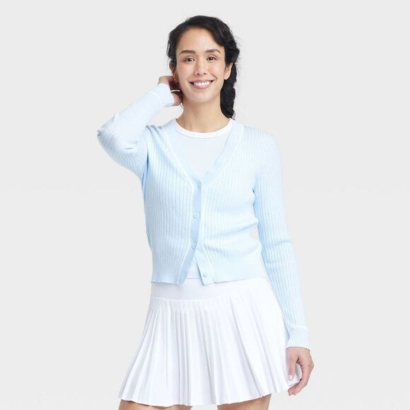 All In Motion Tops - All In Motion - Women's Tipped Ribbed Cardigan Sweater - All In Mo Blue